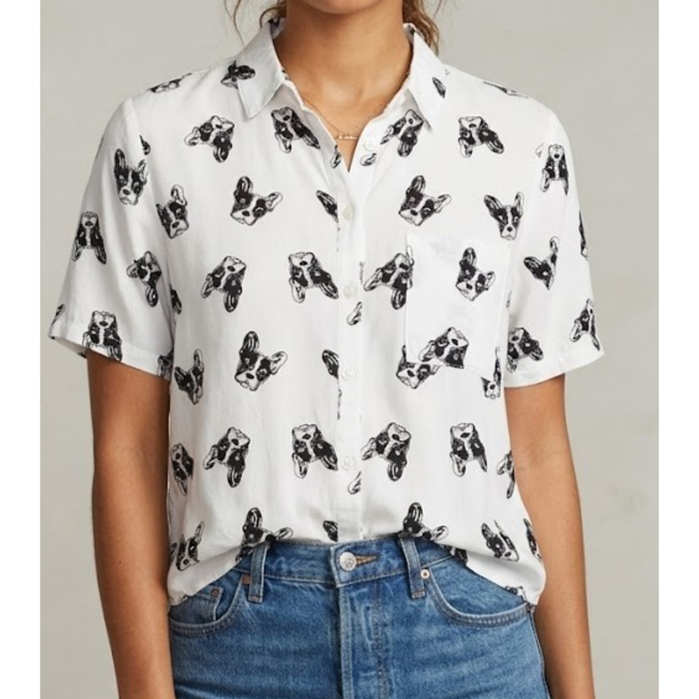 Love Notes French Bulldog Shirt Womens Medium White Black Dog Print Rayon Blouse